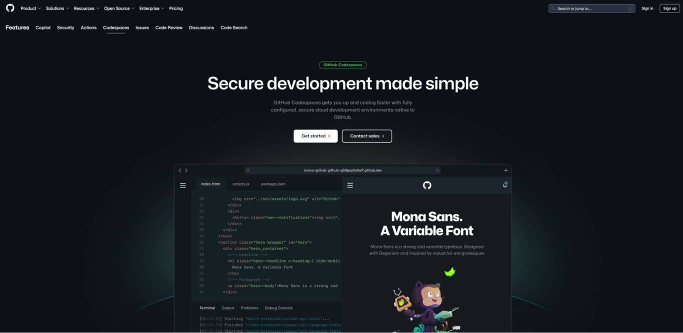GitHub Codespaces landing page