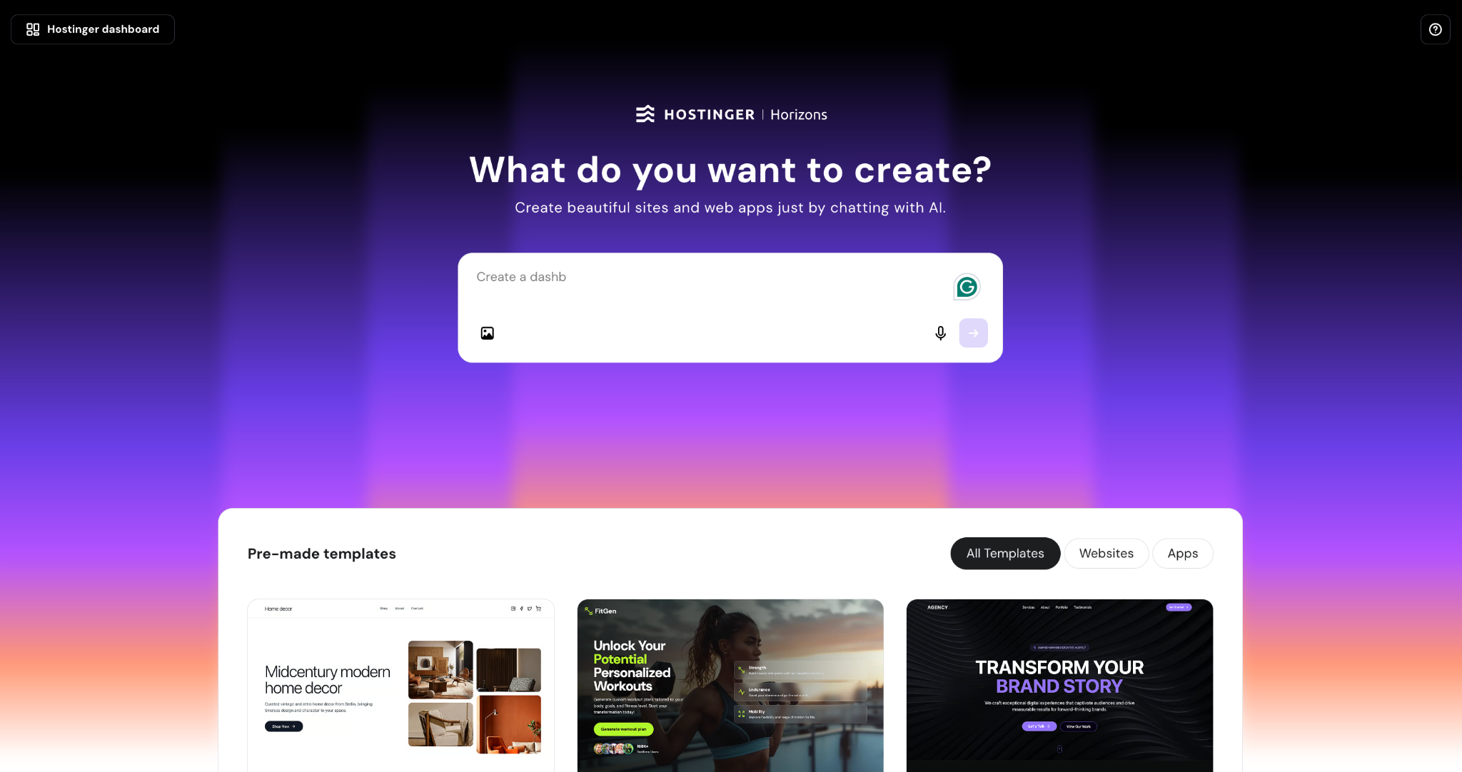 Hostinger Horizons initial prompting page