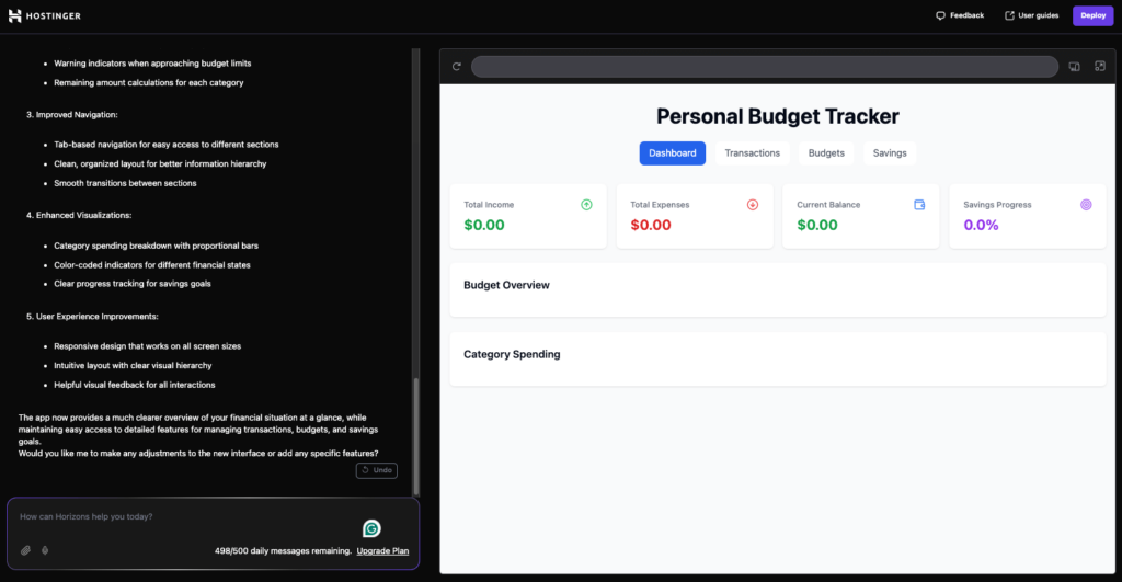 the first improved look of the budget-tracking web app with four different tabs