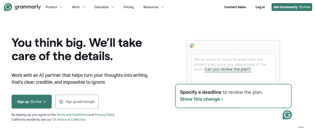Homepage of Grammarly