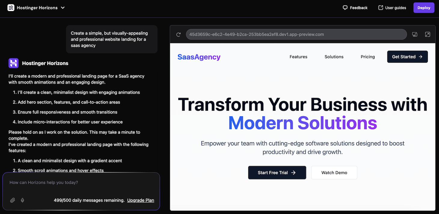 The main dashboard of Hostinger Horizons