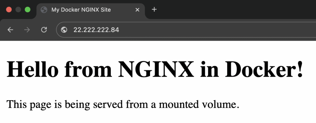 Browser displaying "Hello from NGINX in Docker!" test page