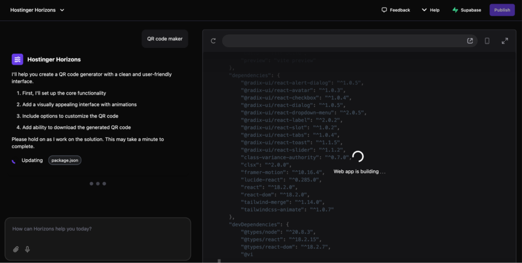 Hostinger Horizons in action