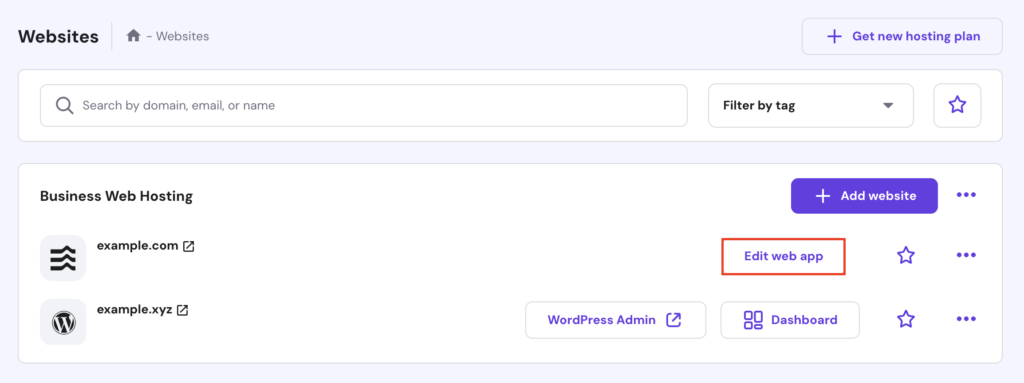 The Edit web app button in hPanel's Websites page