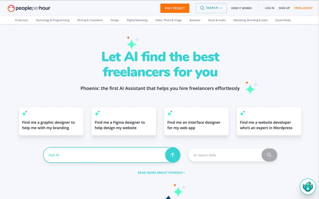 PeoplePerHour homepage with options for finding freelance services across various industries