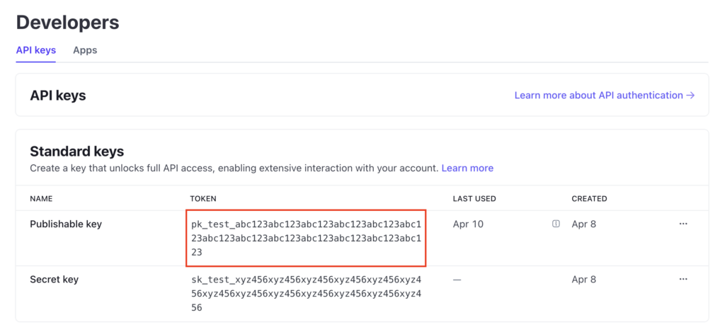 The generated publishable key in Stripe's developers page
