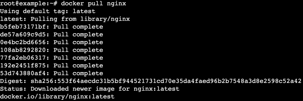 Terminal running docker pull nginx to download the official image