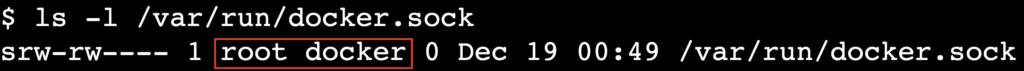 Terminal output showing docker.sock owned by root and docker group