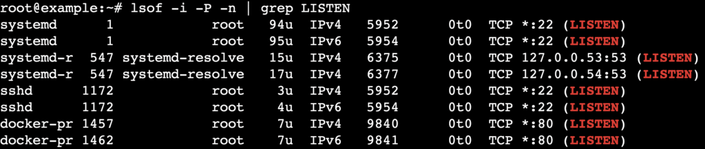 Terminal using lsof command to check active listening ports