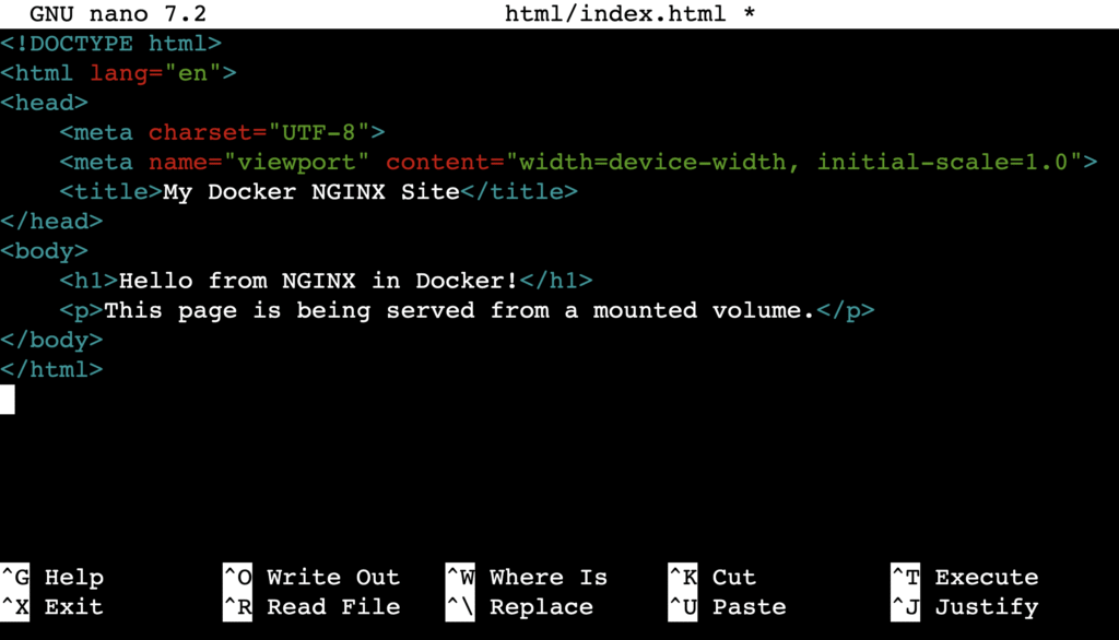 Nano editor displaying index.html content for the static website