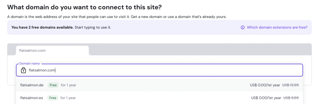 The website domain configuration menu on hPanel
