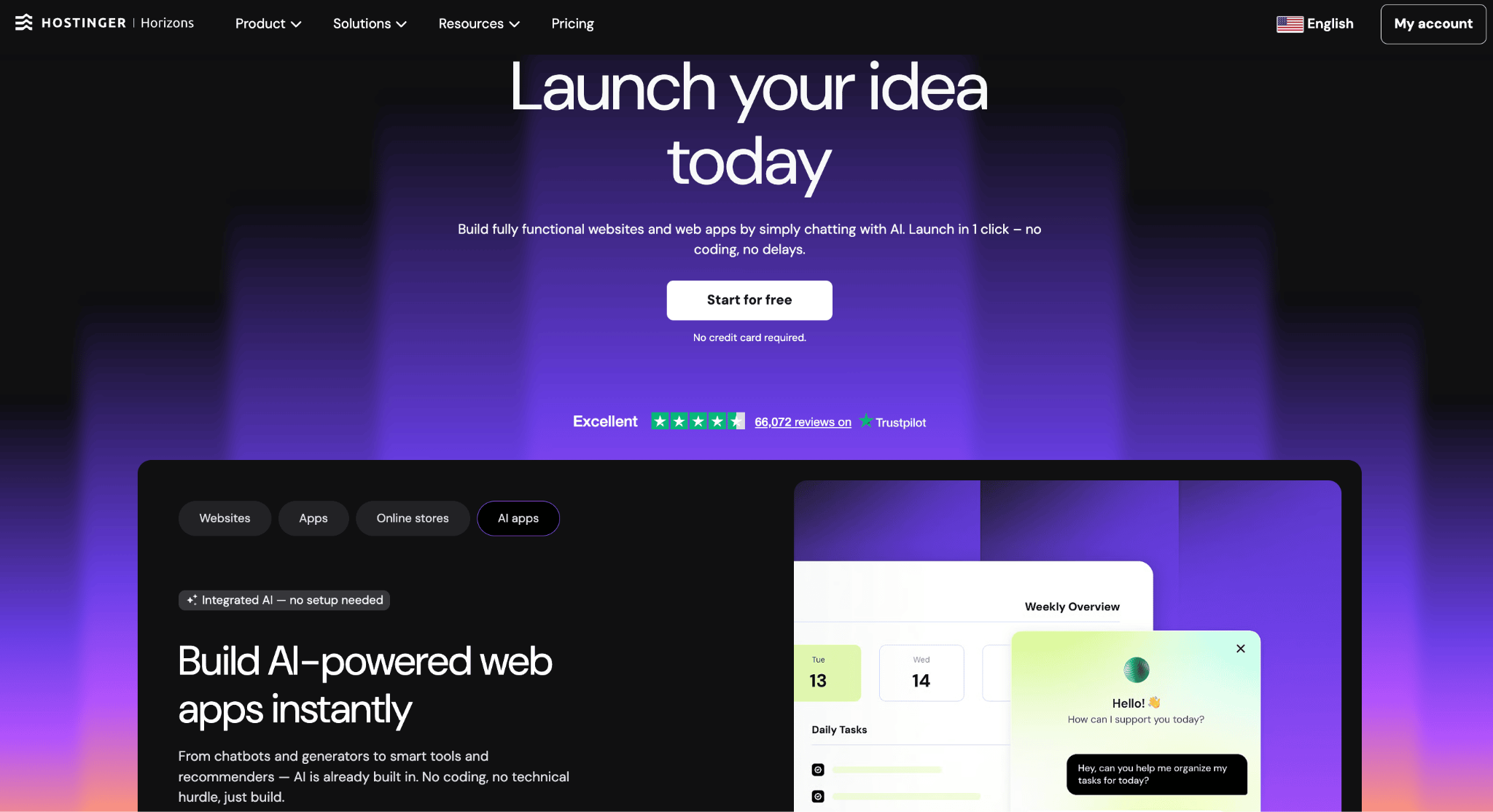 Homepage of Hostinger Horizons