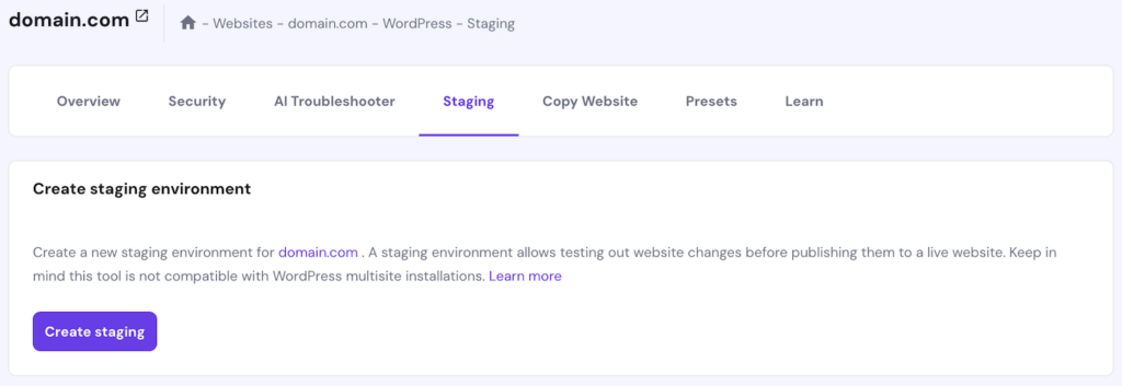 Creating a staging site in Hostinger dashboard 