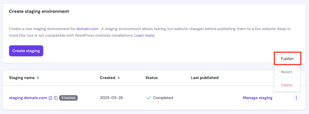 Publishing a staging site