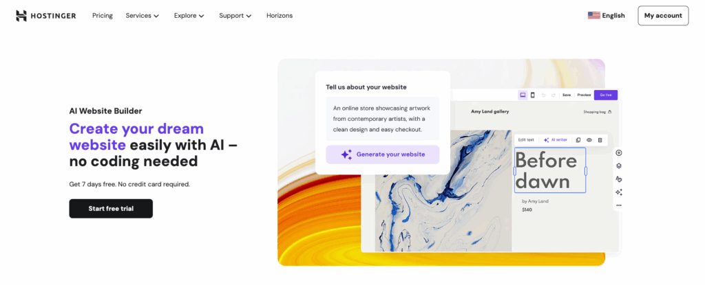 Hostinger AI Website Builder landing page with a button to claim free trial