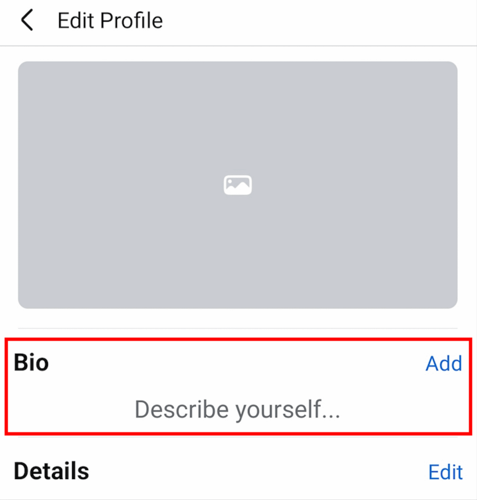 Facebook profile settings showing area to edit bio
