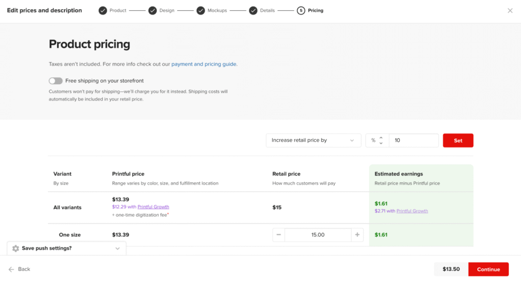 Printful's product pricing page in Hostinger