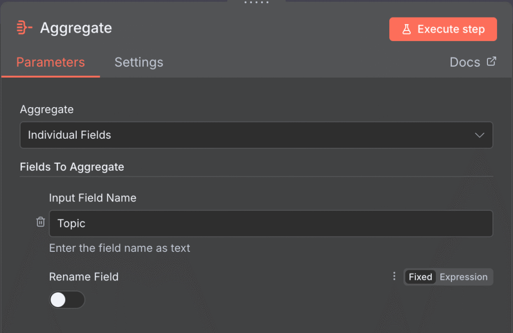 The Aggregate node configuration for grouping WordPress post topics
