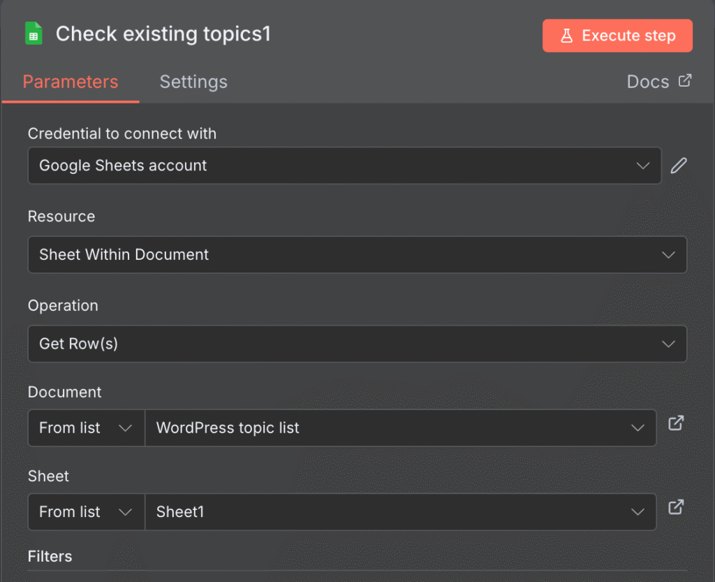 The Get row sheet node's configuration for fetching existing topics