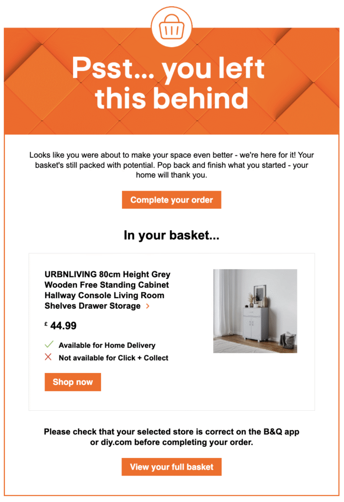 B&Q abandoned cart recovery email