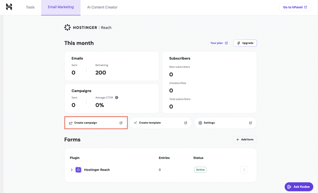 The Create campaign button on Hostinger Reach's dashboard on WordPress