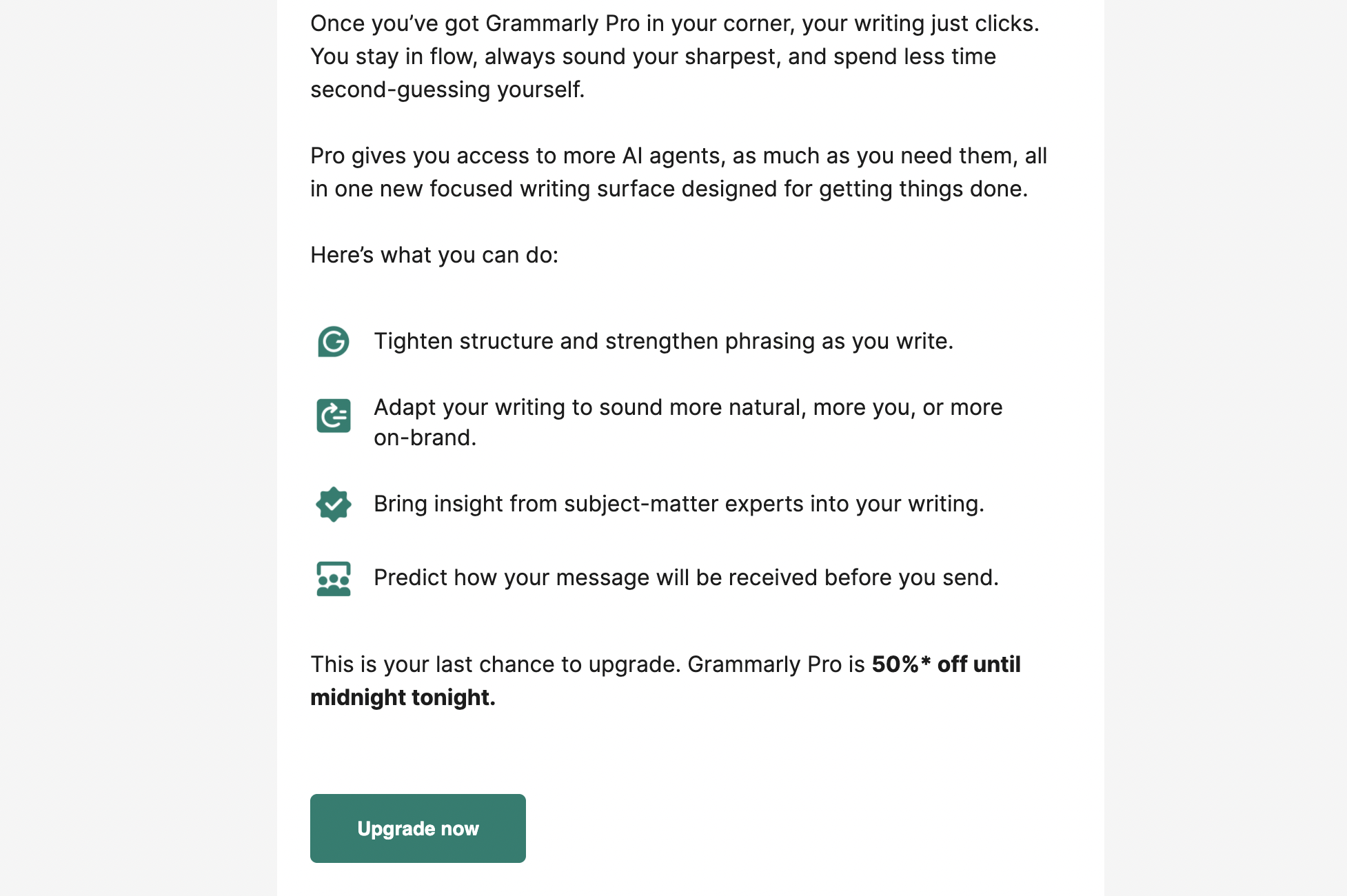 Grammarly's email newsletter showing an Upgrade now CTA