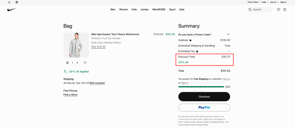 Nike's cart with discounts applied automatically