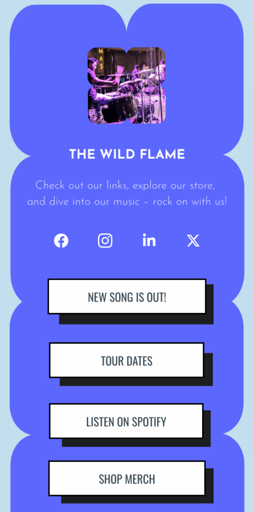 Example of a landing page for a music band used for a link in bio