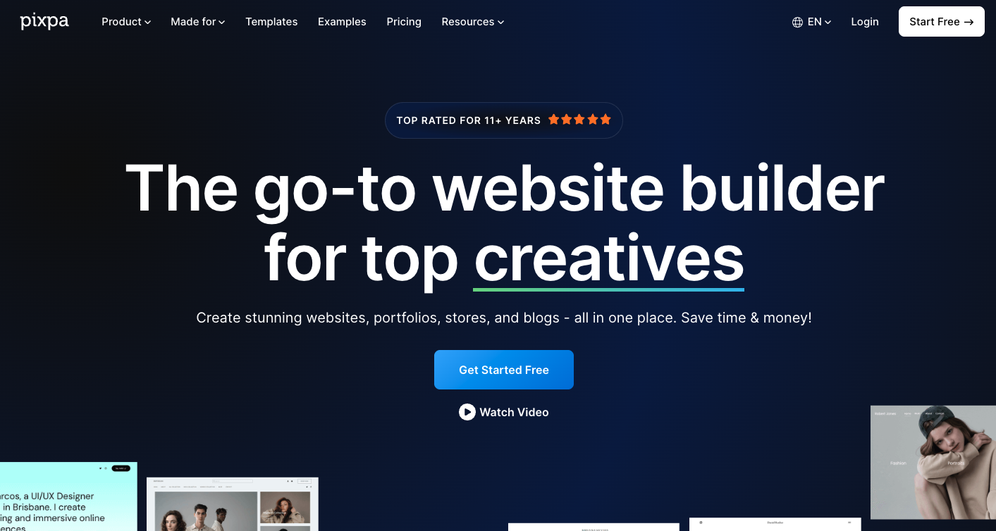 Pixpa landing page