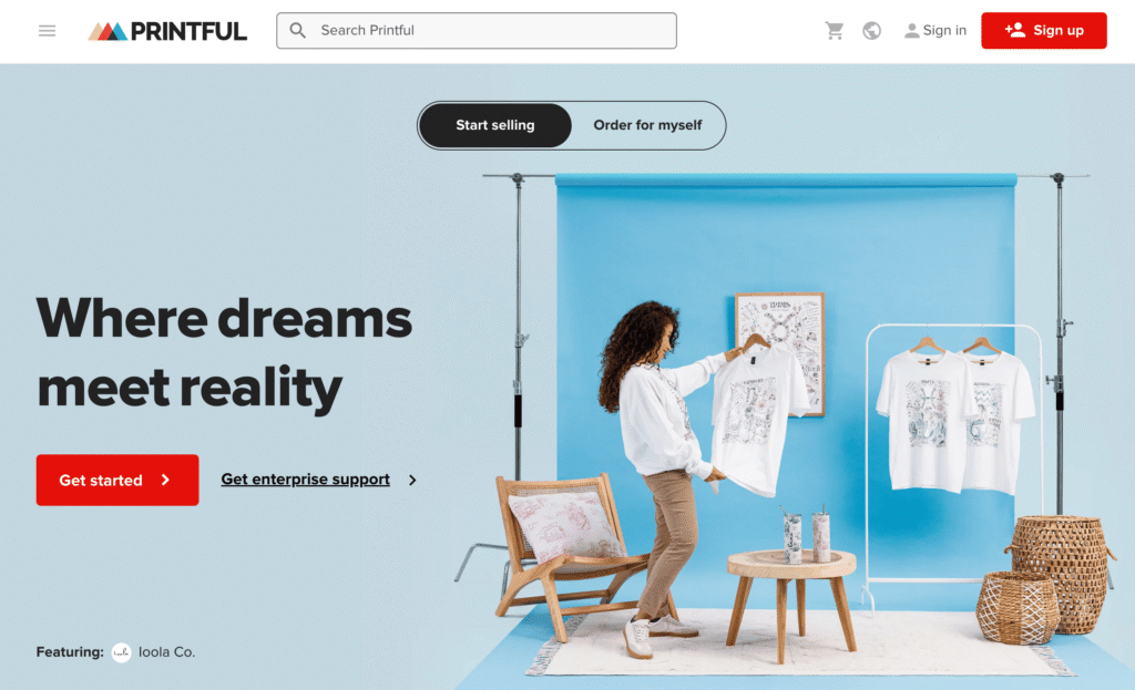 Homepage of Printful