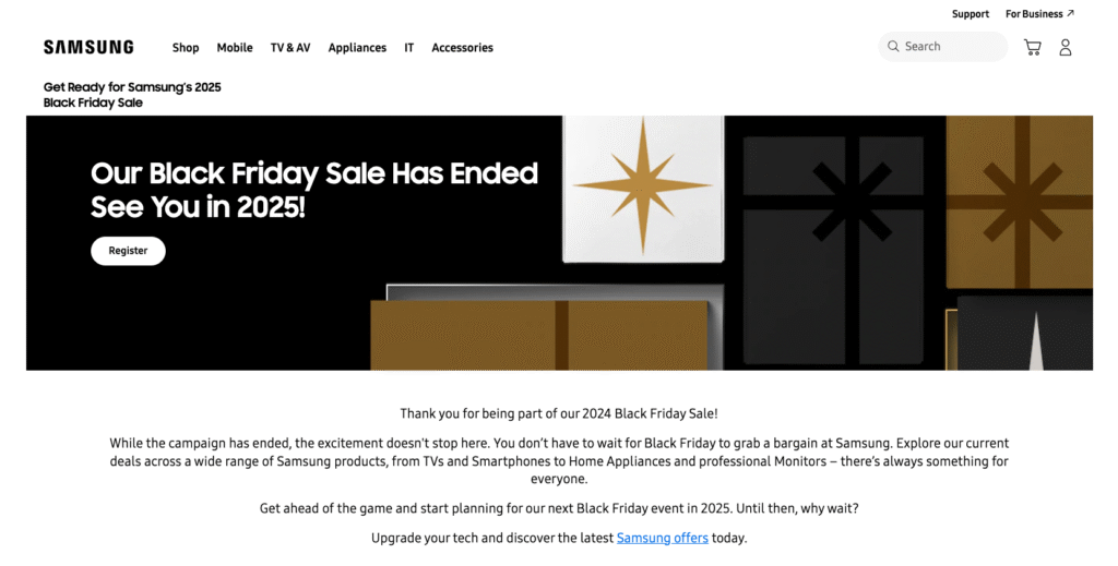 Samsung's Black Friday landing page