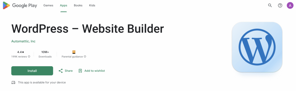 The WordPress mobile app on the Google Playstore's download page