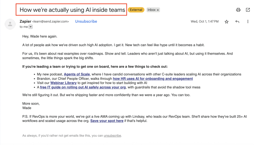 Zapier's email newsletter subject line