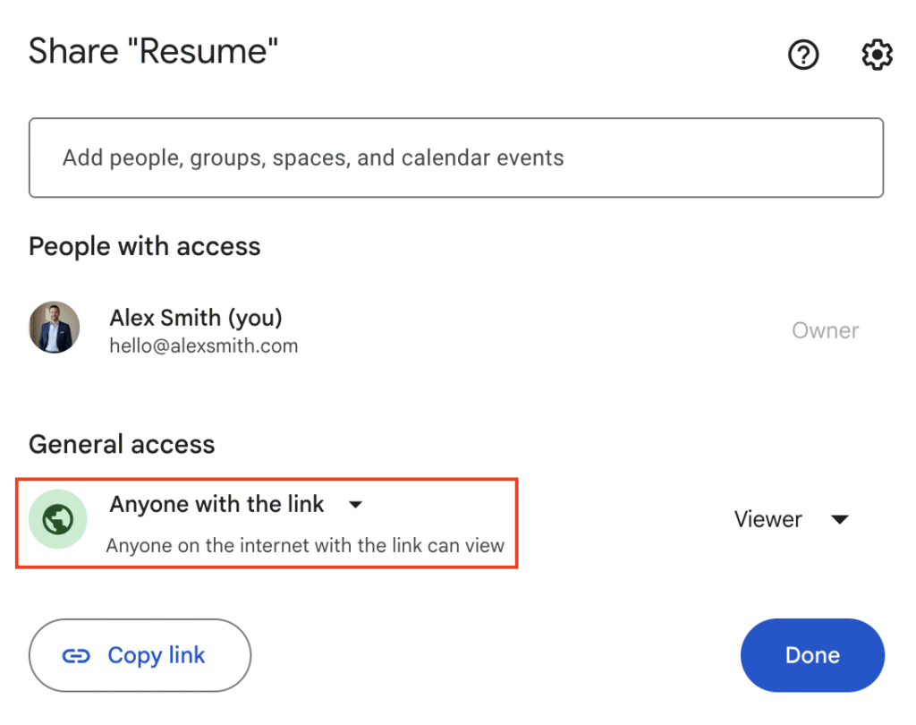 Google Docs sharing settings with "Anyone with the link" selected