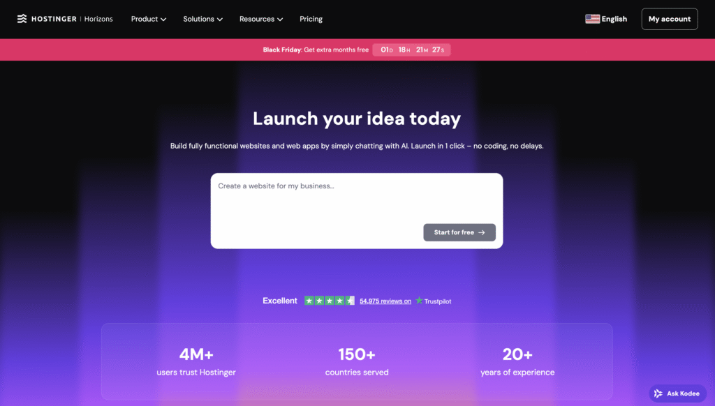 Hostinger Horizons' landing page