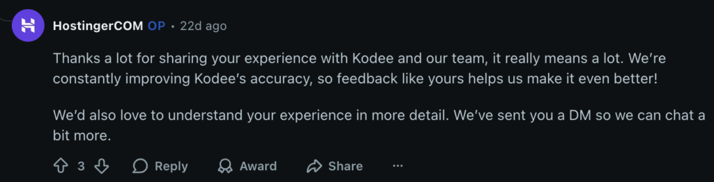 Reddit post showing responsiveness to feedback