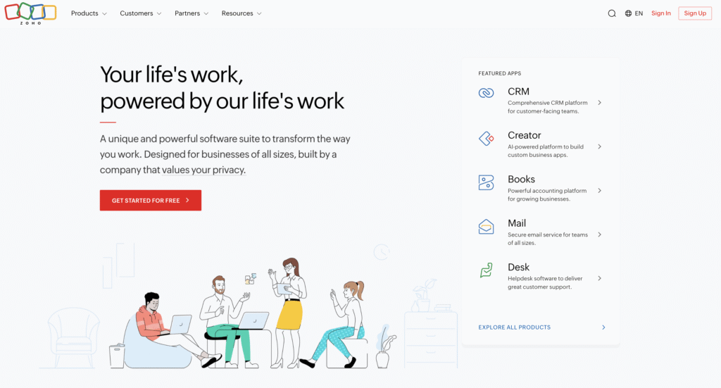 Zoho's landing page