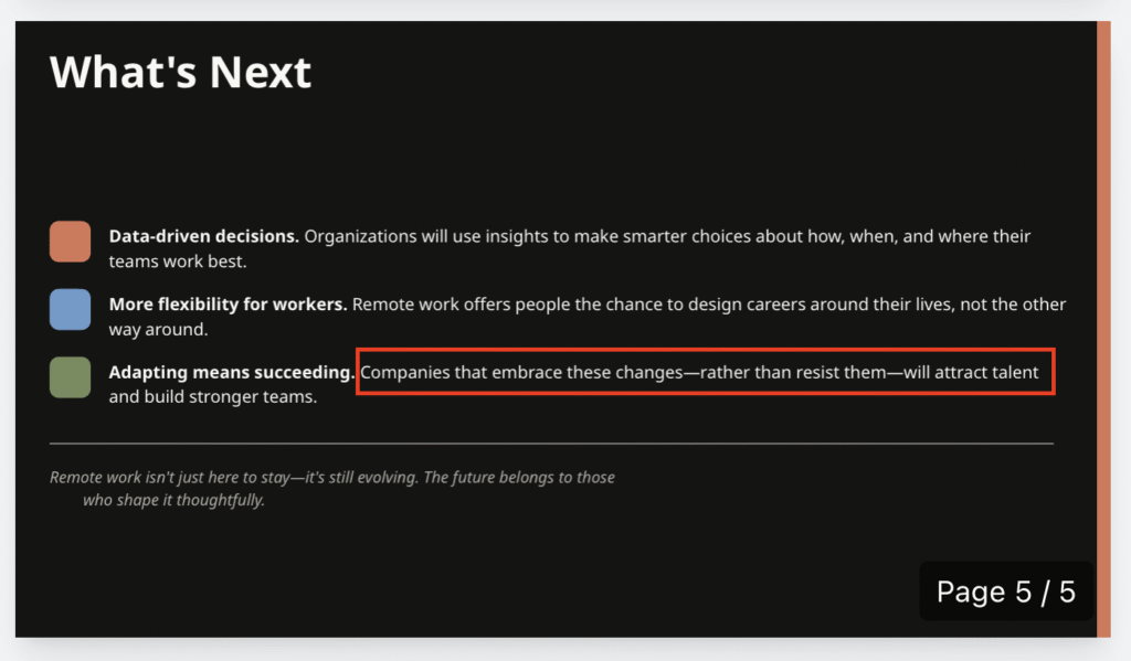 Preview highlighting leftover em dashes on the final presentation slide