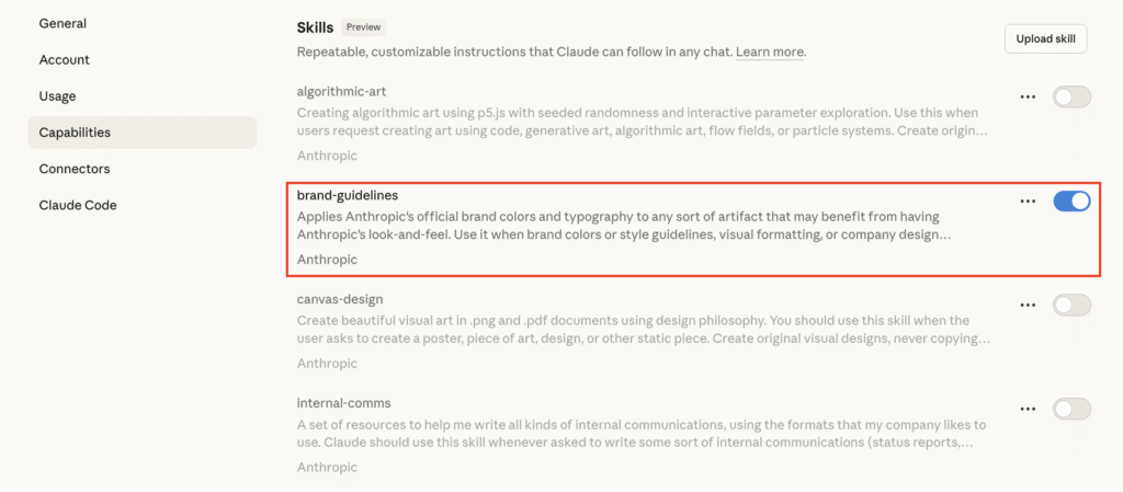 Claude settings page showing the brand-guidelines Skill highlighted