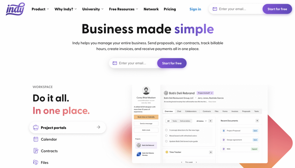 Indy software landing page