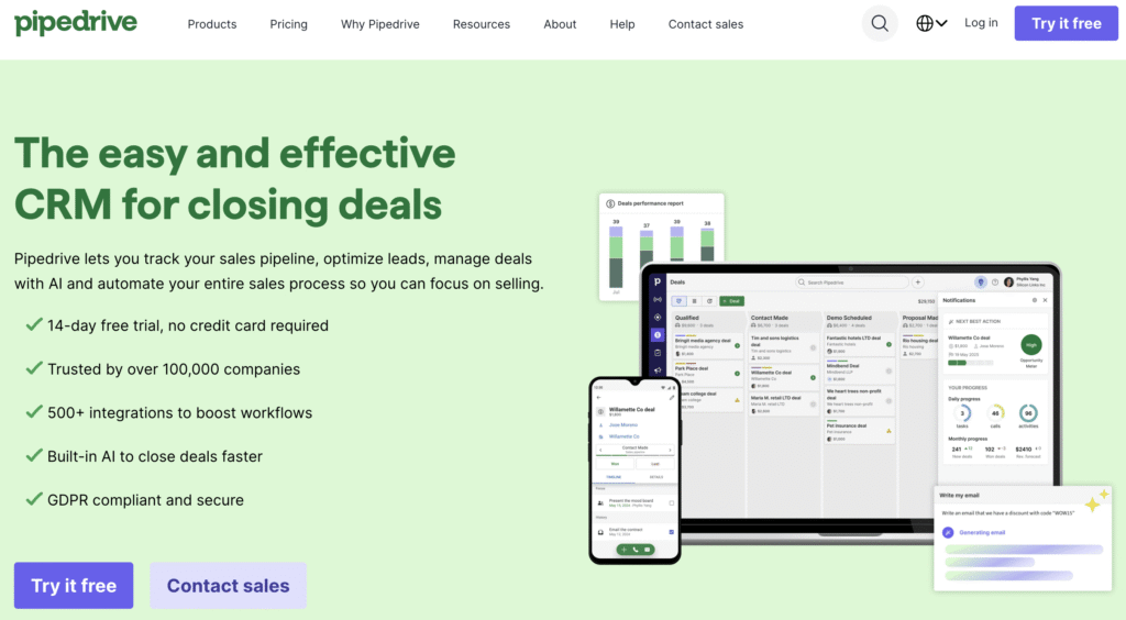 Homepage of Pipedrive