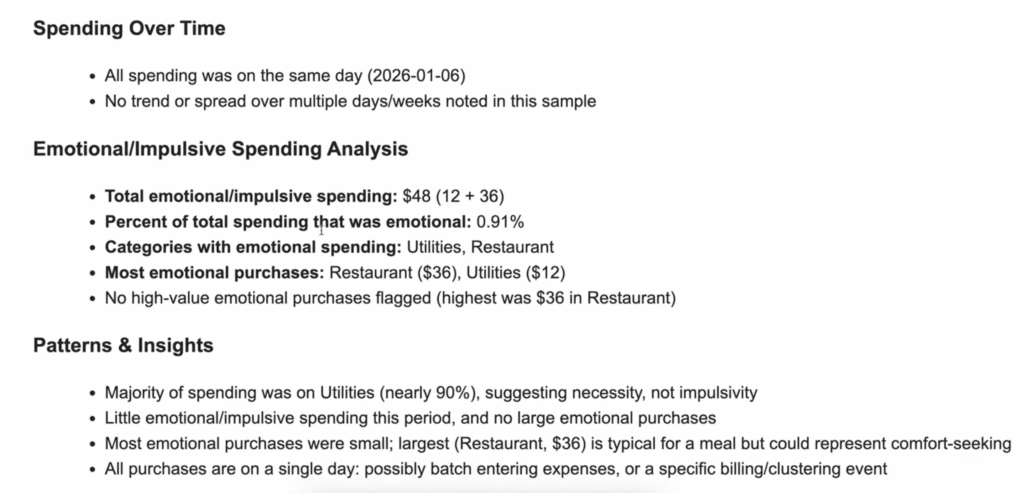 AI-generated spending report showing emotional purchase patterns and insights