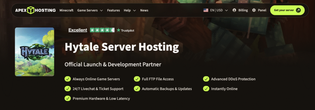 Apex Hosting Hytale server hosting landing page