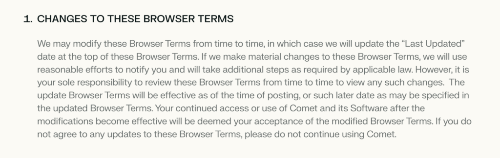 The first point of Comet browser's terms