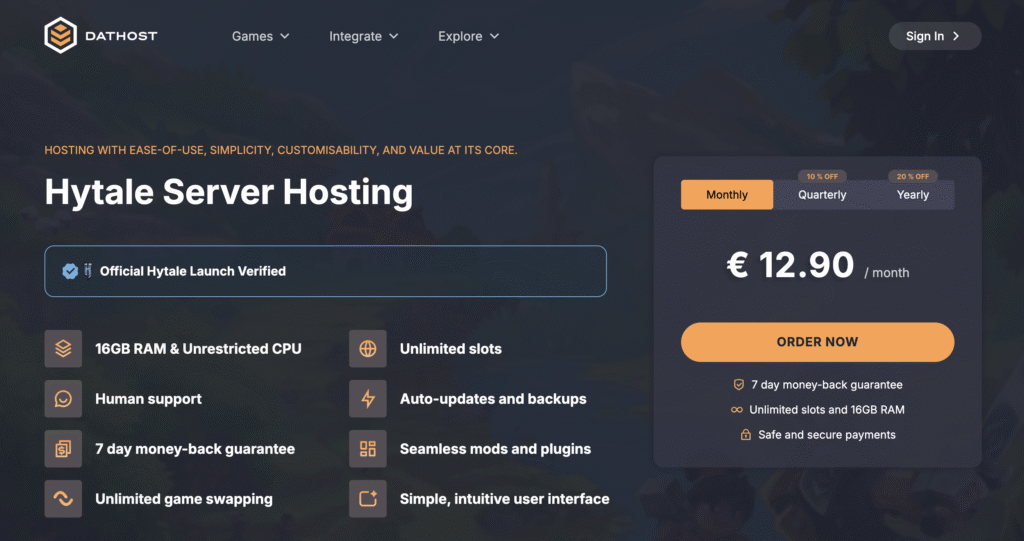 DatHost Hytale server hosting landing page