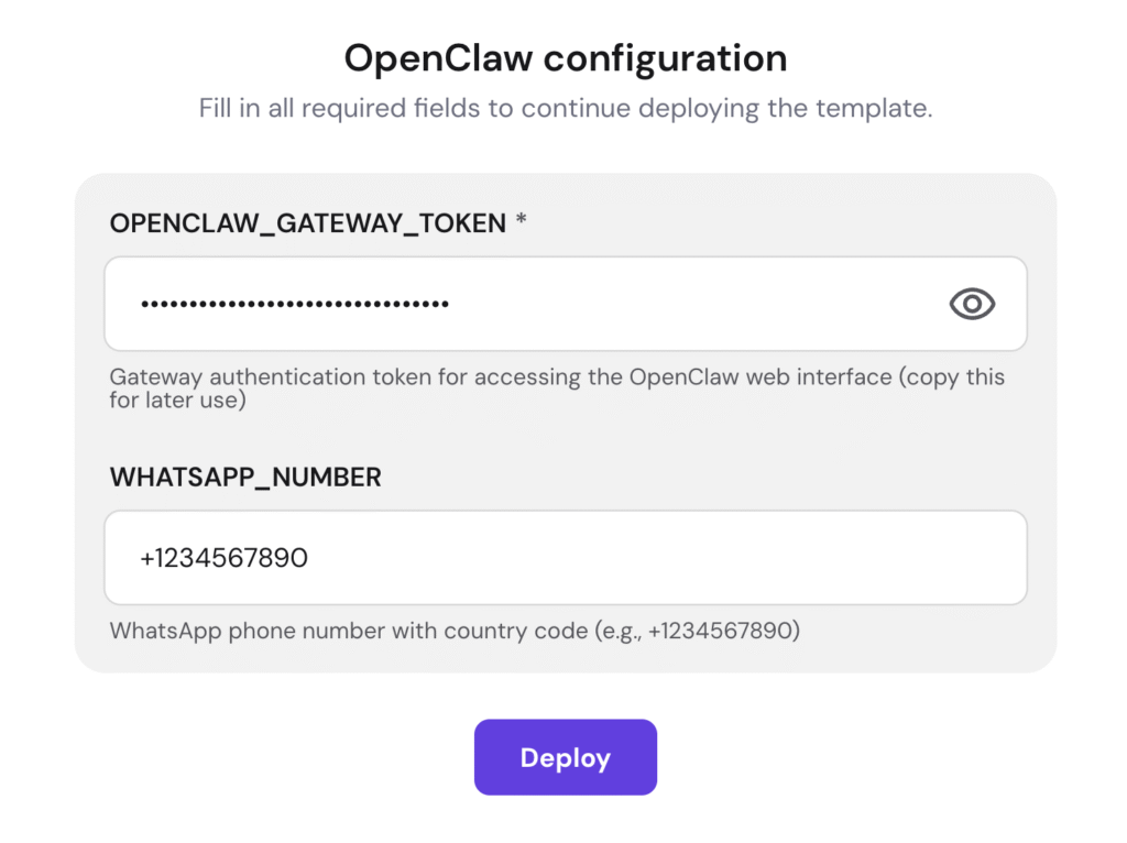 Hostinger's OpenClaw configuration window with the gateway token and WhatsApp number fields