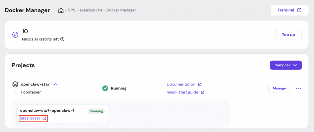 An OpenClaw project with a link to access its web interface in hPanel's Docker Manager menu