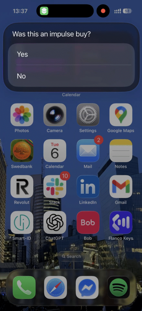 iOS Shortcut popup asking "Was this an impulse buy?" with Yes and No options
