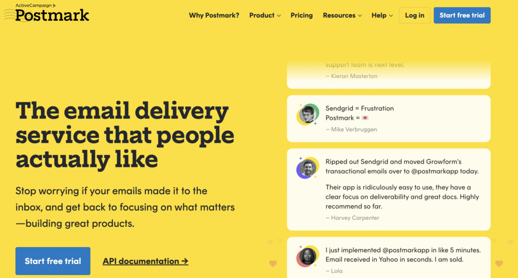 Homepage of Postmark