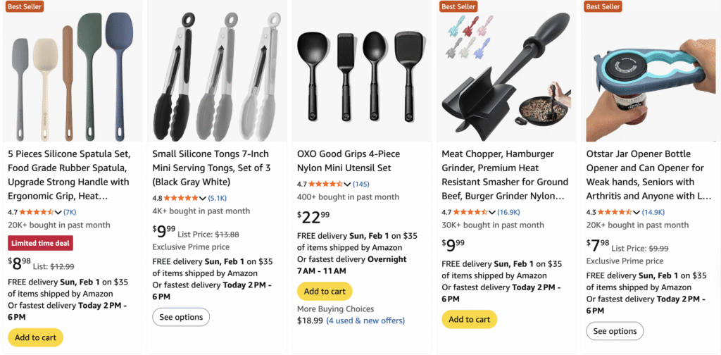 Amazon search results showing popular kitchen tools